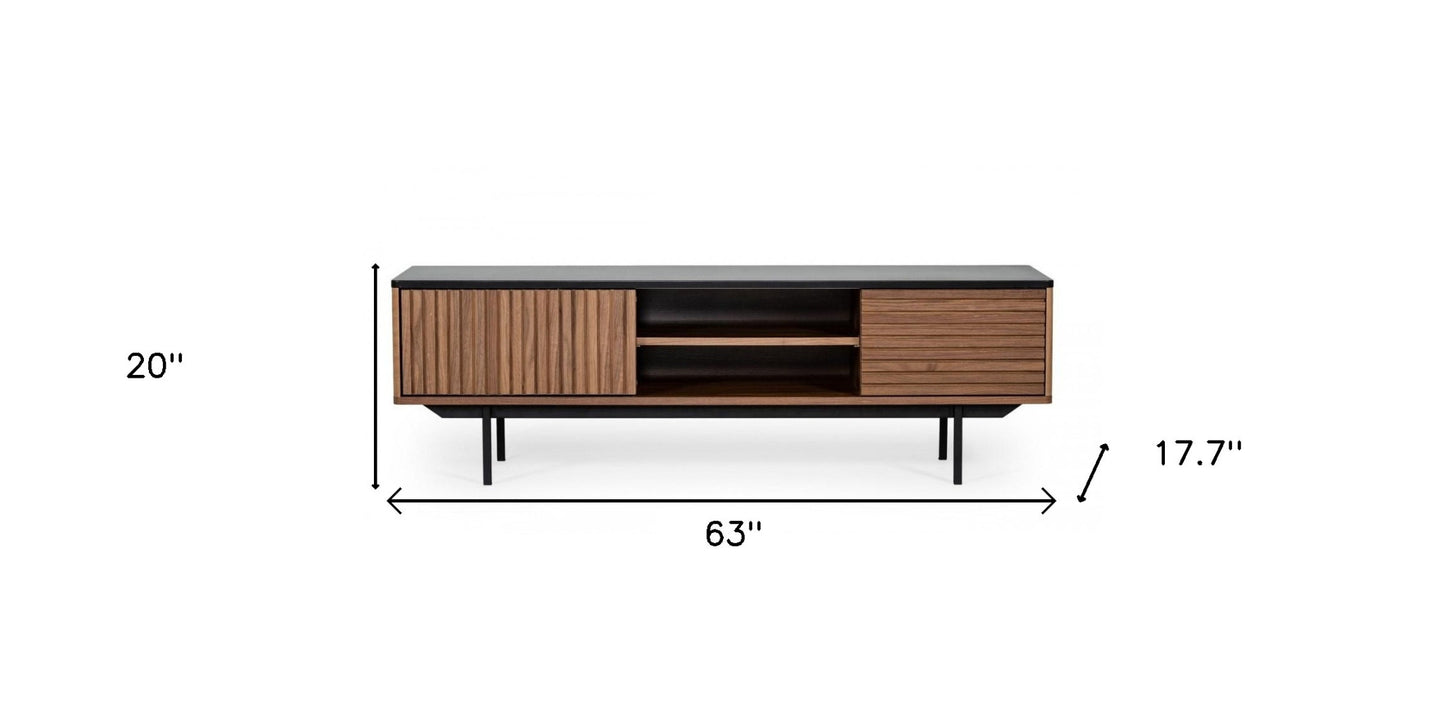 63" Walnut And Gray Wood Open And Enclosed Storage TV Stand-5