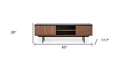 63" Walnut And Gray Wood Open And Enclosed Storage TV Stand-5