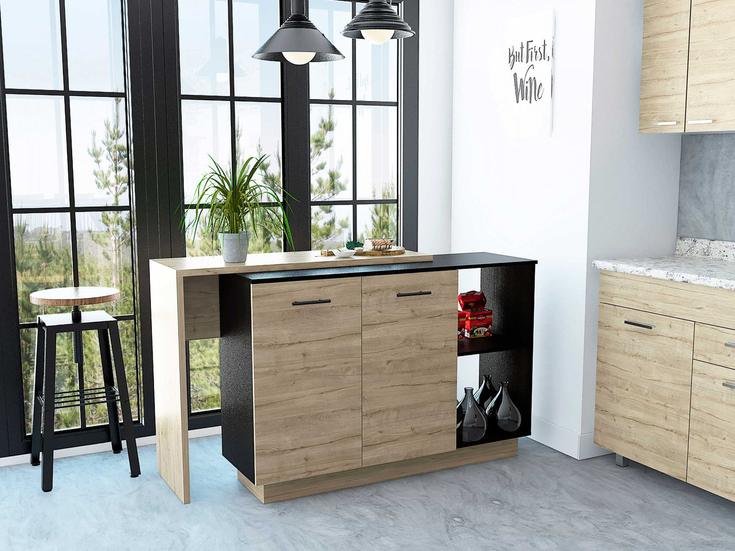 Natural and Natural And Black 59" Kitchen Island With Storage - Loft&Timber