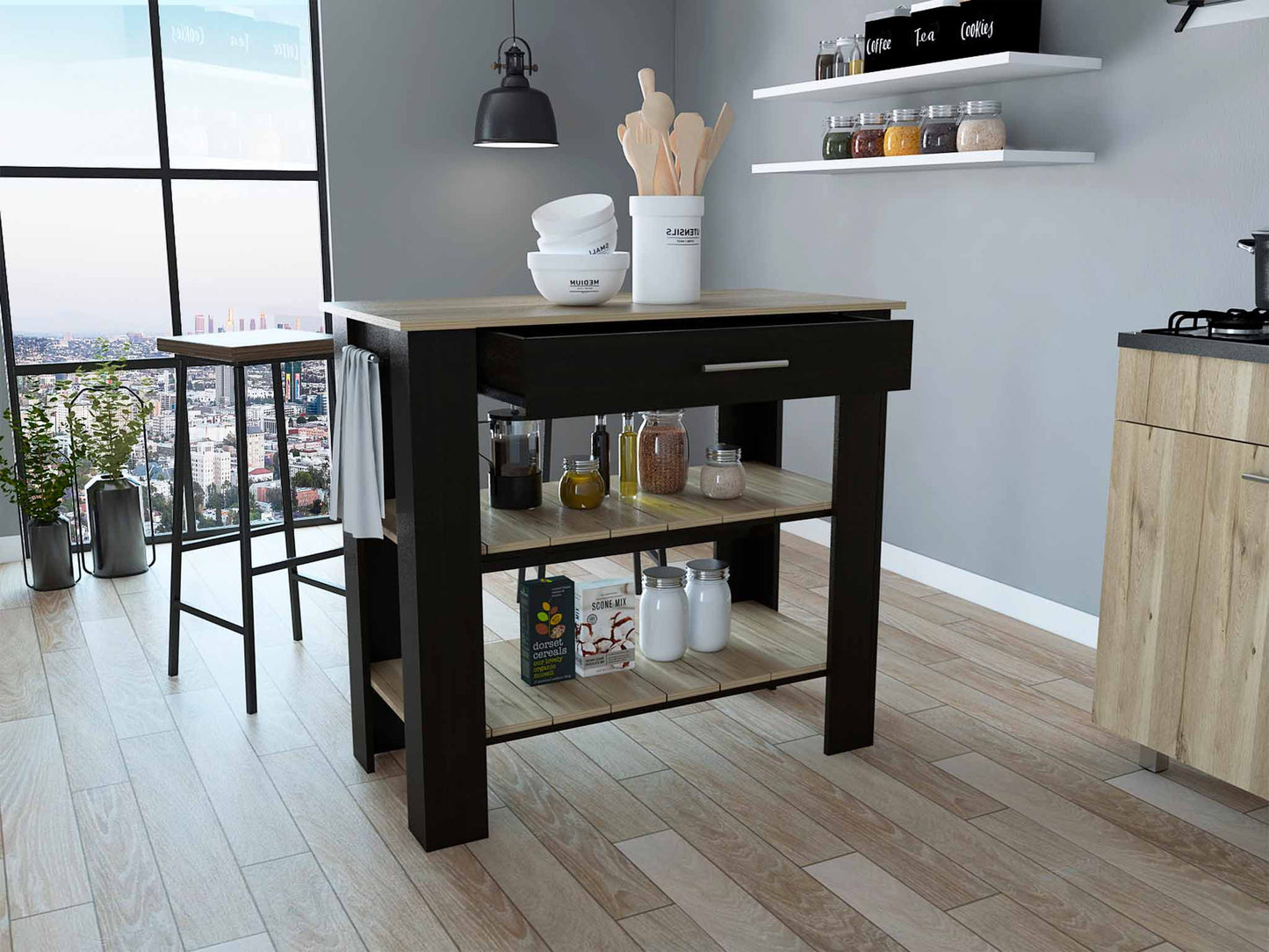 Black and Natural 40" Kitchen Island With Storage - Loft&Timber