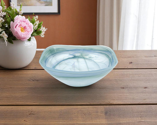 10" Aqua Blue And White Alabaster Glass Square Salad Bowl - Loft&Timber