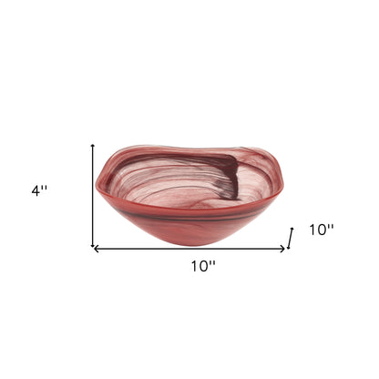 10" Red And White Alabaster Glass Square Salad Bowl - Loft&Timber