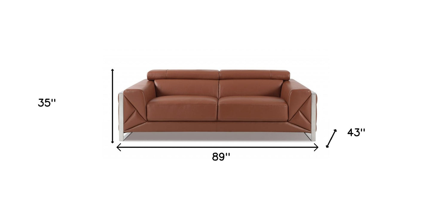 89" Camel Italian Leather Sofa With Silver Legs-7