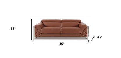 89" Camel Italian Leather Sofa With Silver Legs-7