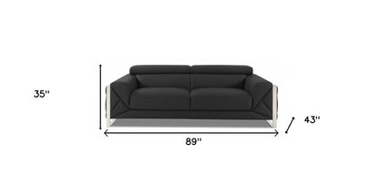 89" Dark Gray Italian Leather Sofa With Silver Legs-7