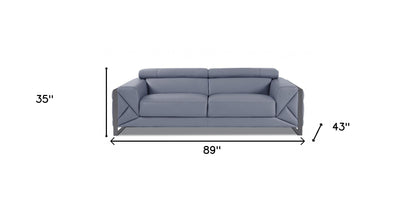 89" Light Blue Italian Leather Sofa With Chrome Legs-6