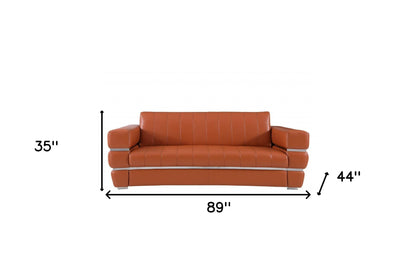 89" Camel Italian Leather Sofa With Silver Legs-6