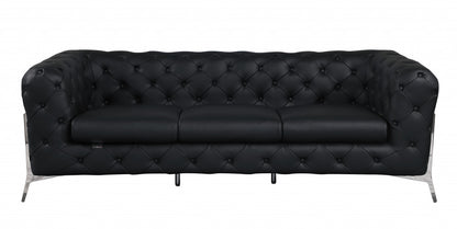 93" Black Italian Leather Chesterfield Sofa With Silver Legs-1