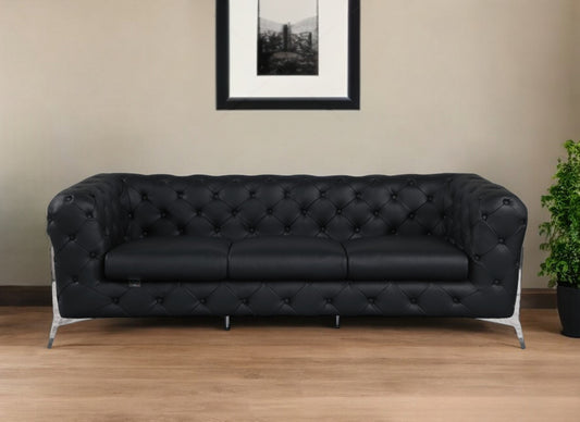 93" Black Italian Leather Chesterfield Sofa With Silver Legs-0