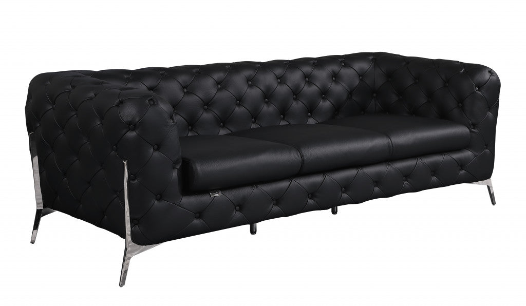 93" Black Italian Leather Chesterfield Sofa With Silver Legs-2