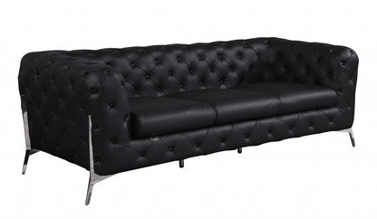 93" Black Italian Leather Chesterfield Sofa With Silver Legs-2