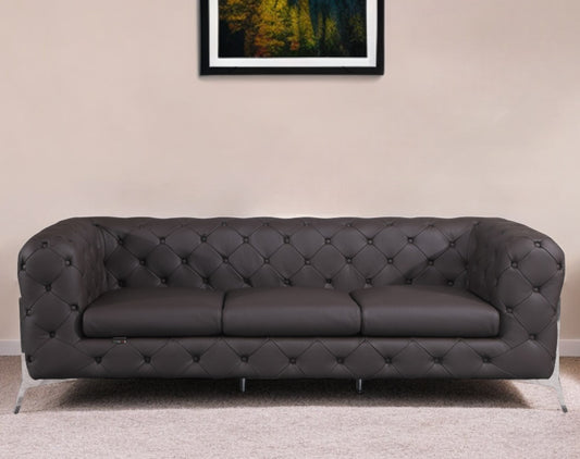 93" Brown Italian Leather Chesterfield Sofa With Silver Legs-0