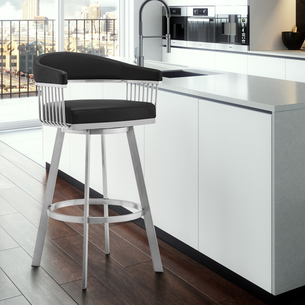 29" Black And Silver Iron Swivel Backless Bar Height Bar Chair - Loft&Timber