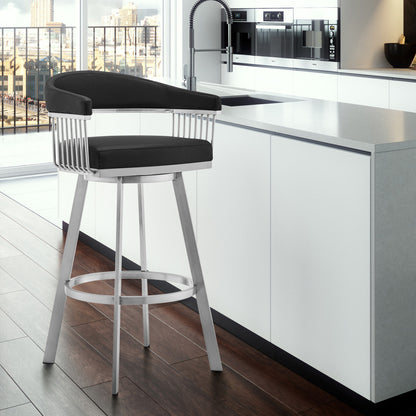 29" Black And Silver Iron Swivel Backless Bar Height Bar Chair - Loft&Timber