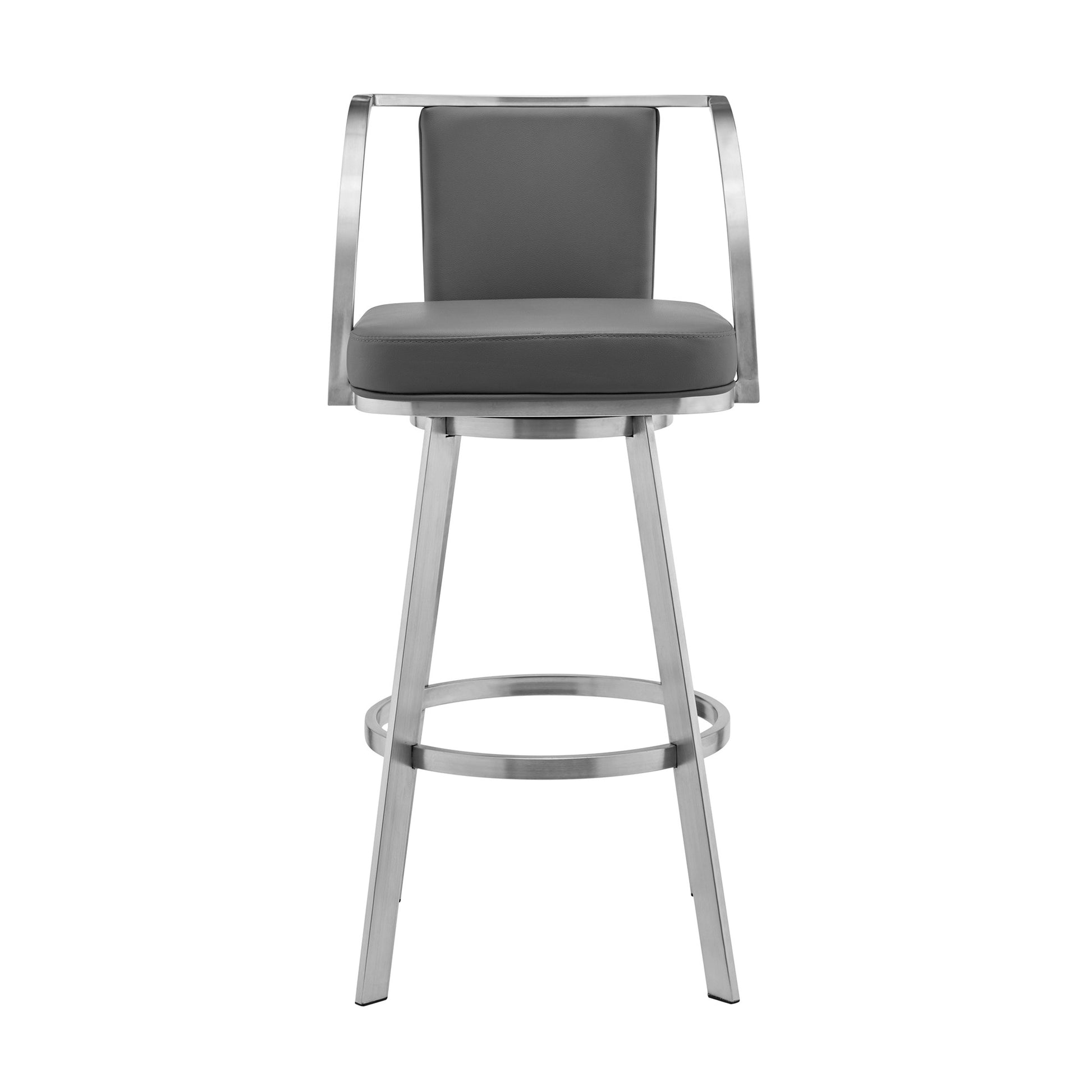 30" Gray And Silver Faux Leather And Iron Swivel Bar Height Bar Chair - Loft&Timber