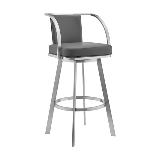 30" Gray And Silver Faux Leather And Iron Swivel Bar Height Bar Chair - Loft&Timber