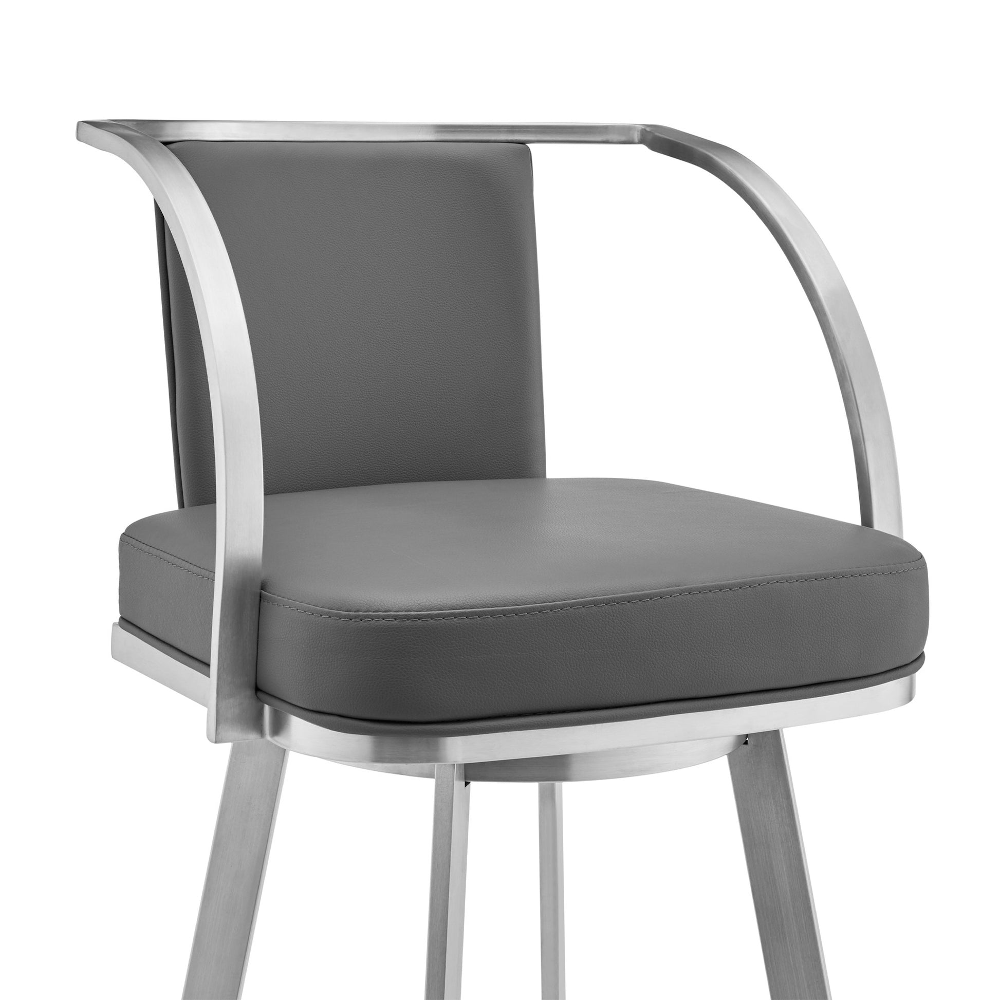 30" Gray And Silver Faux Leather And Iron Swivel Bar Height Bar Chair - Loft&Timber
