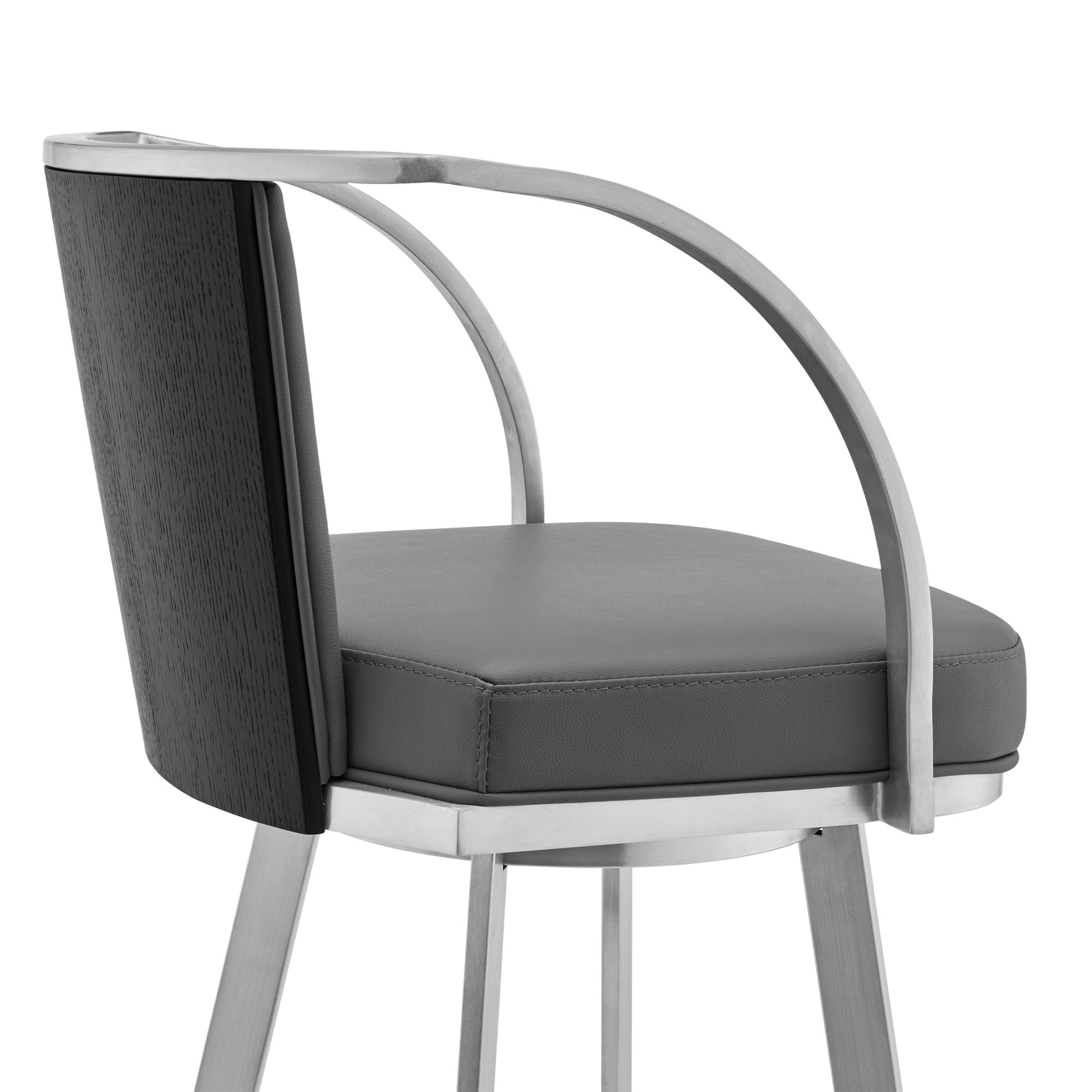 30" Gray And Silver Faux Leather And Iron Swivel Bar Height Bar Chair - Loft&Timber