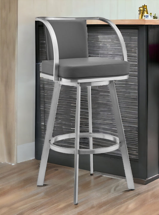 30" Gray And Silver Faux Leather And Iron Swivel Bar Height Bar Chair - Loft&Timber
