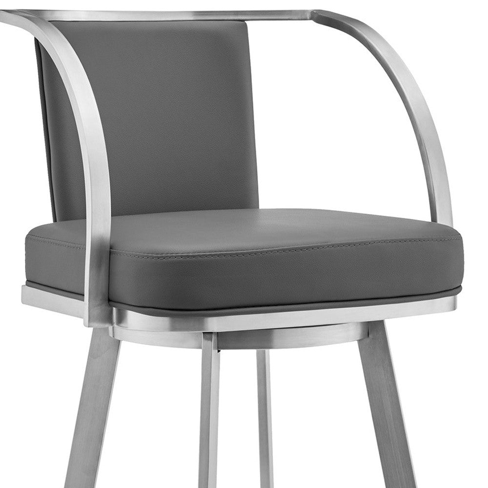 30" Gray And Silver Faux Leather And Iron Swivel Bar Height Bar Chair - Loft&Timber