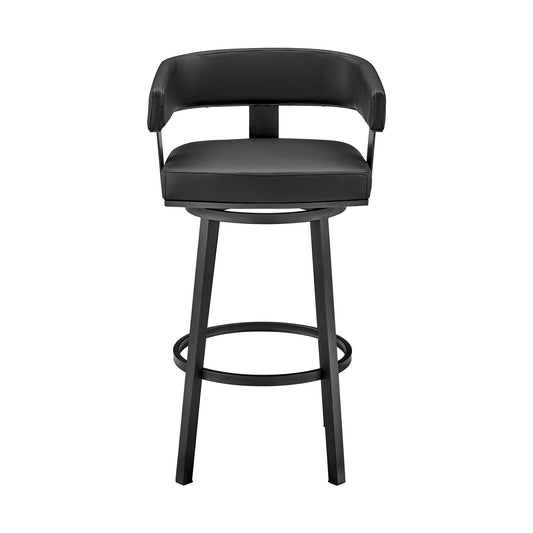 30" Black Faux Leather And Iron Swivel Low Back Bar Height Bar Chair-2