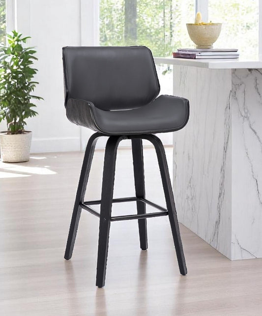 30" Gray and Black Faux Leather and Iron Bar Height Swivel Bar Chair - Loft&Timber