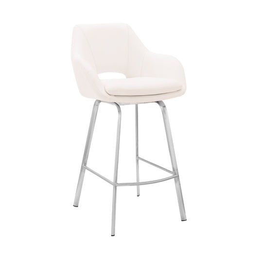 30" White And Silver Iron Swivel Low Back Bar Height Bar Chair - Loft&Timber