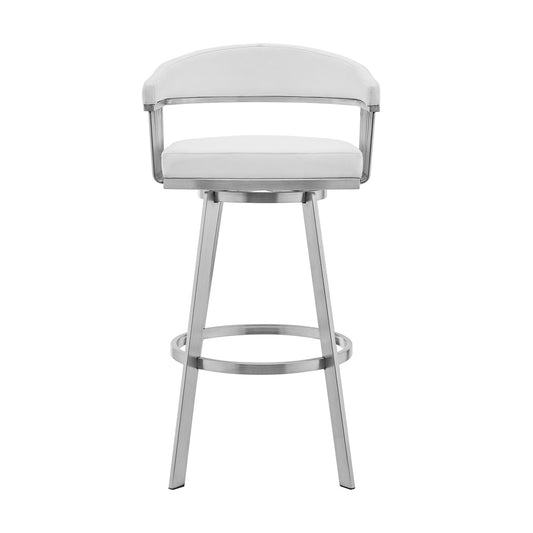 29" White And Silver Iron Swivel Low Back Bar Height Bar Chair - Loft&Timber