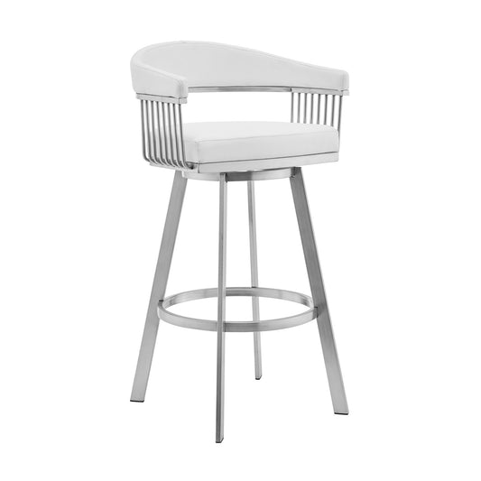 29" White And Silver Iron Swivel Low Back Bar Height Bar Chair - Loft&Timber