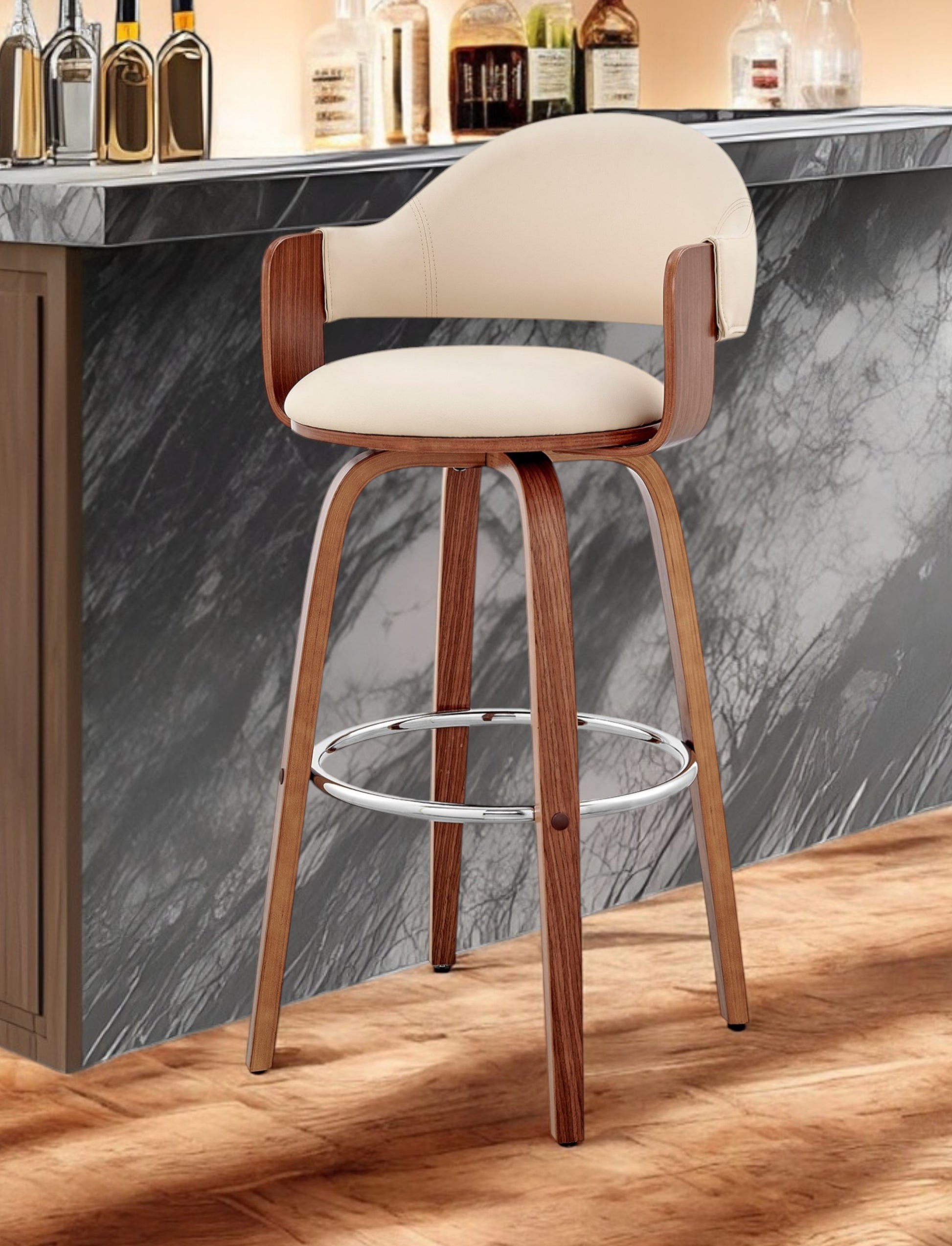 30" Cream and Brown Fabric Low Back Bar Height Swivel Bar Chair - Loft&Timber