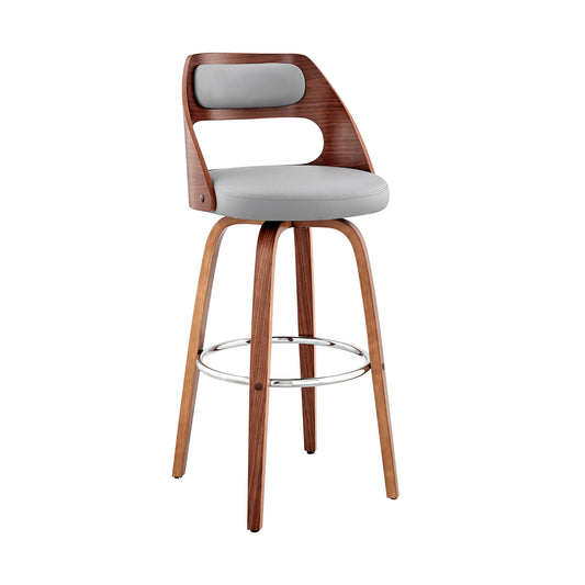 30" Gray And Brown Faux Leather Swivel Bar Height Bar Chair - Loft&Timber