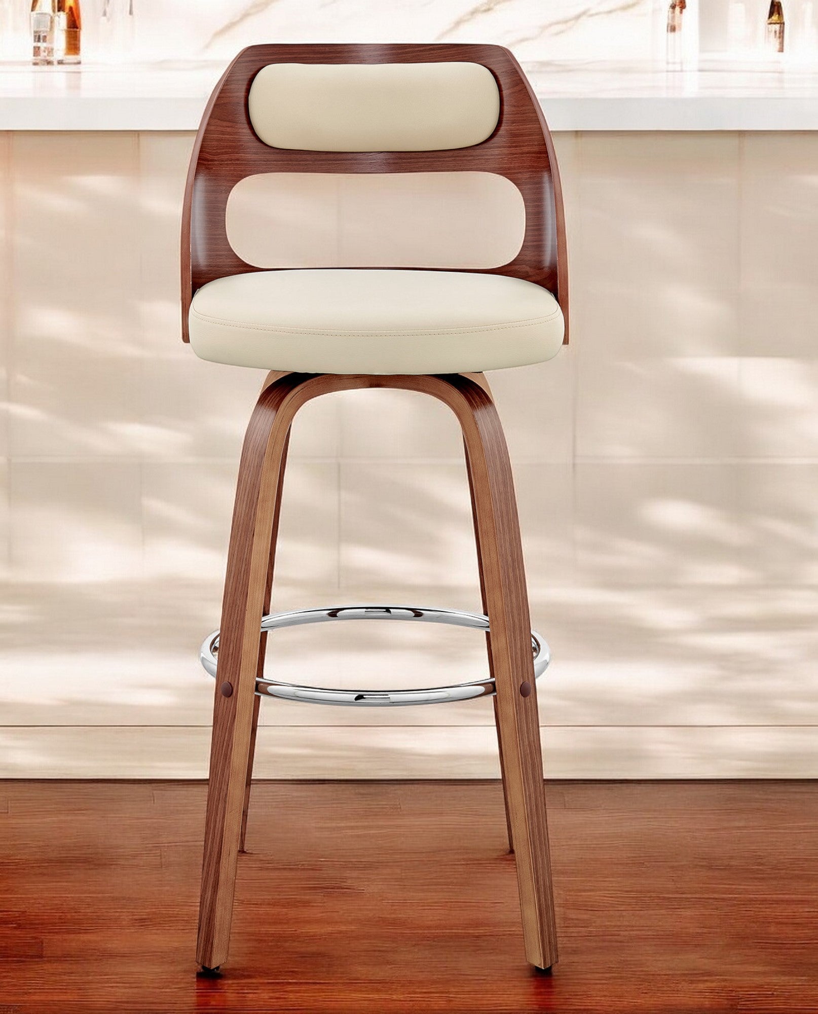 30" Cream and Brown Faux Leather Swivel Bar Chair - Loft&Timber