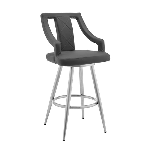 29" Gray And Silver Faux Leather And Iron Swivel Bar Height Bar Chair - Loft&Timber