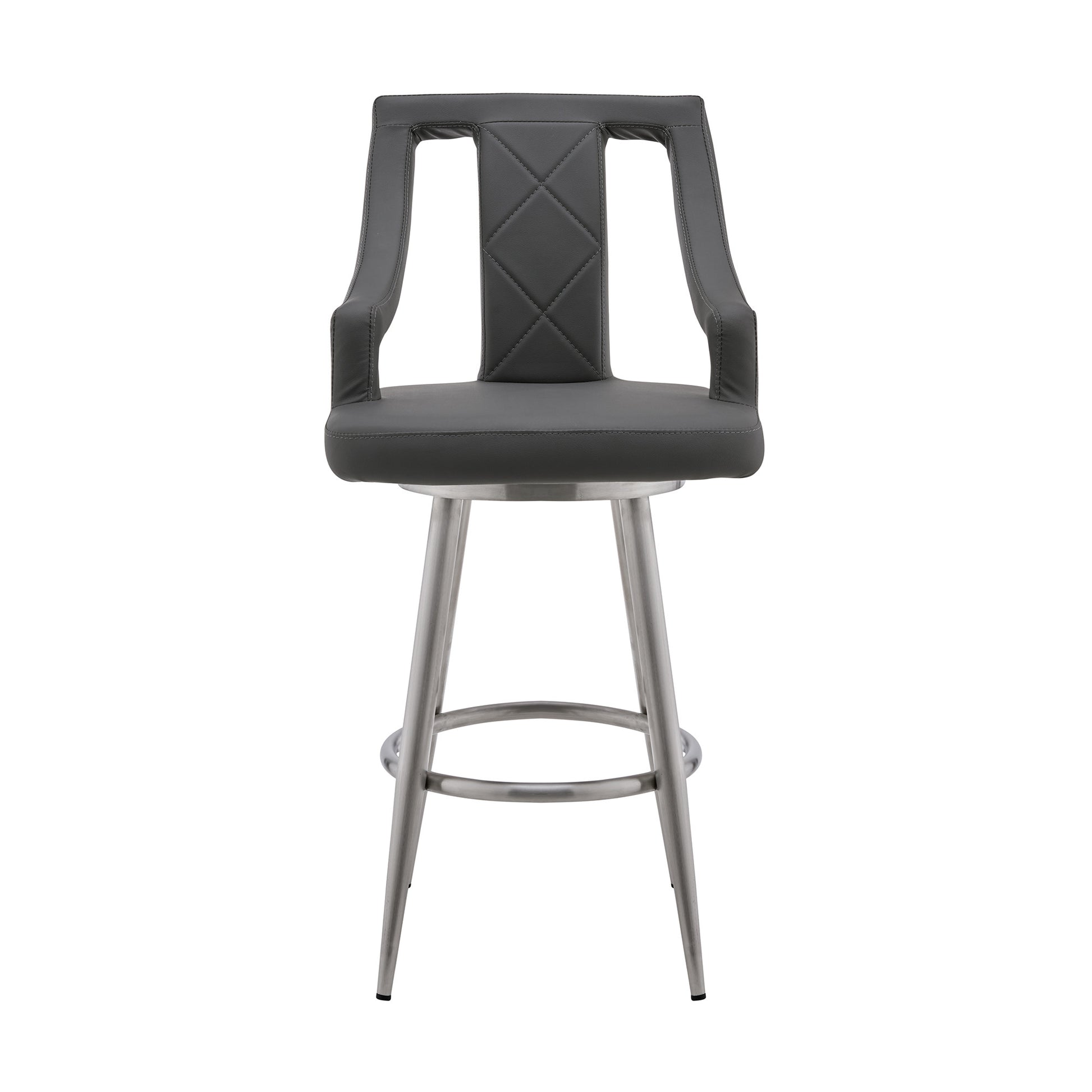 29" Gray And Silver Faux Leather And Iron Swivel Bar Height Bar Chair - Loft&Timber