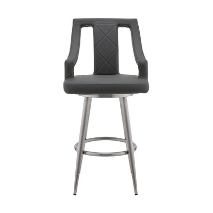 29" Gray And Silver Faux Leather And Iron Swivel Bar Height Bar Chair - Loft&Timber