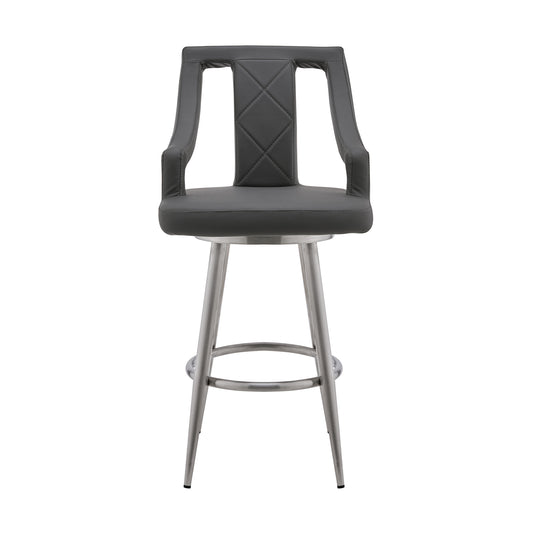 29" Gray And Silver Faux Leather And Iron Swivel Bar Height Bar Chair - Loft&Timber