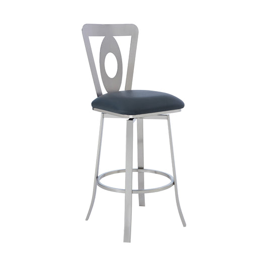 30" Gray And Silver Faux Leather And Iron Swivel Bar Height Bar Chair - Loft&Timber