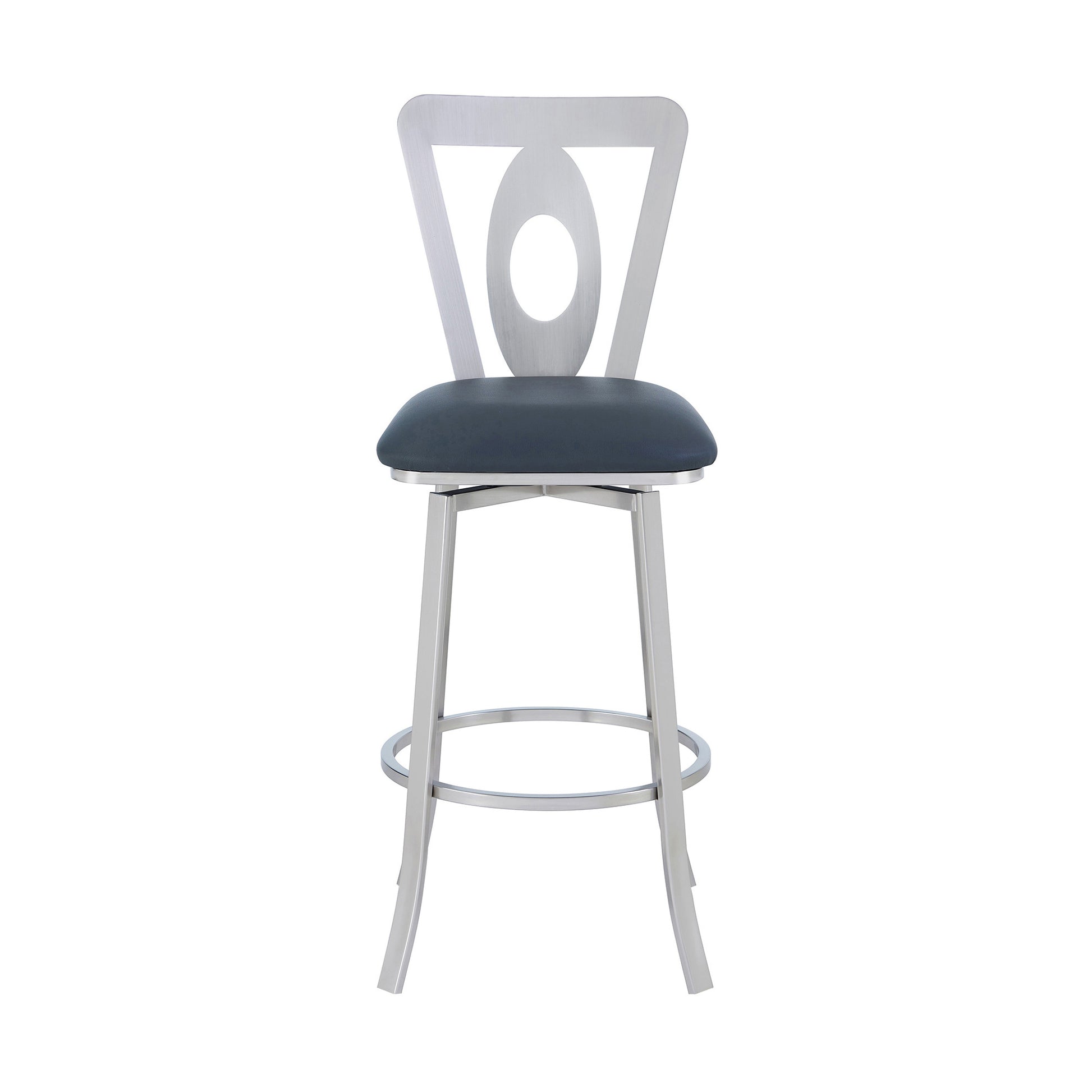 30" Gray And Silver Faux Leather And Iron Swivel Bar Height Bar Chair - Loft&Timber