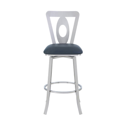 30" Gray And Silver Faux Leather And Iron Swivel Bar Height Bar Chair - Loft&Timber