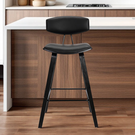 29" Black Faux Leather and Iron Low Back Bar Height Bar Chair - Loft&Timber