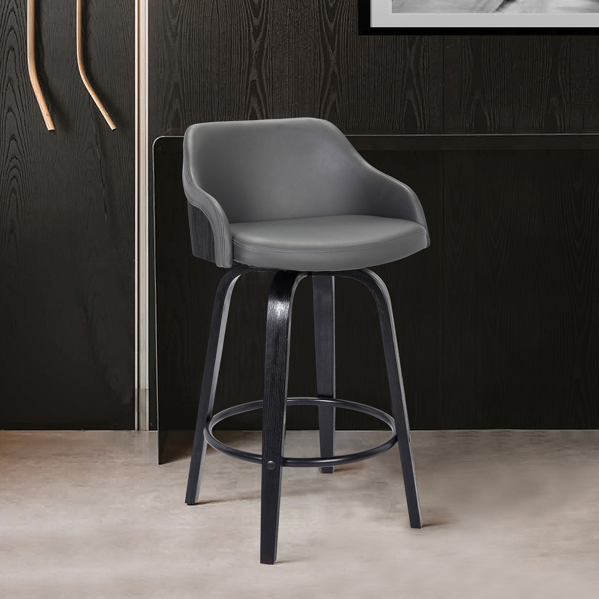 30" Gray And Black Iron Swivel Low Back Bar Height Bar Chair - Loft&Timber