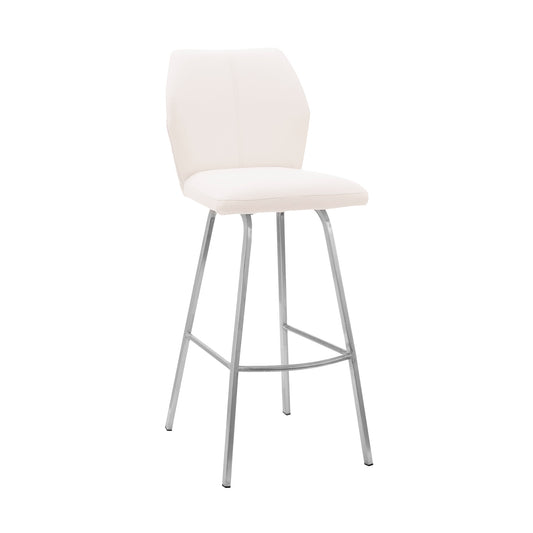 30" White And Silver Faux Leather And Iron Bar Height Bar Chair - Loft&Timber