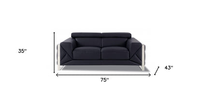75" Black And Silver Italian Leather Loveseat - Loft&Timber