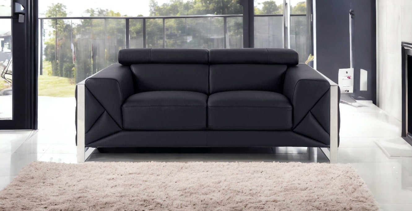75" Black And Silver Italian Leather Loveseat - Loft&Timber