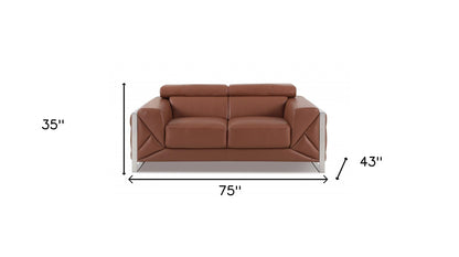 75" Camel And Silver Italian Leather Loveseat - Loft&Timber