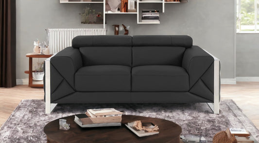 75" Gray And Silver Italian Leather Loveseat - Loft&Timber