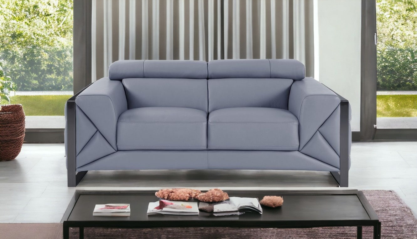 75" Light Blue And Black Italian Leather Loveseat - Loft&Timber