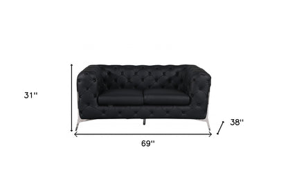 69" Black And Silver Italian Leather Loveseat - Loft&Timber