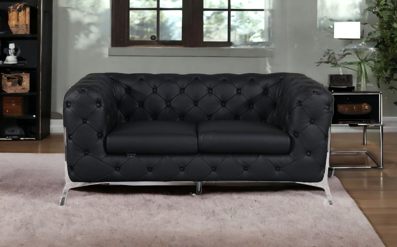 69" Black And Silver Italian Leather Loveseat - Loft&Timber