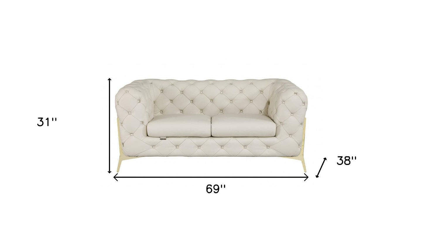 69" Beige And Gold Italian Leather Loveseat - Loft&Timber